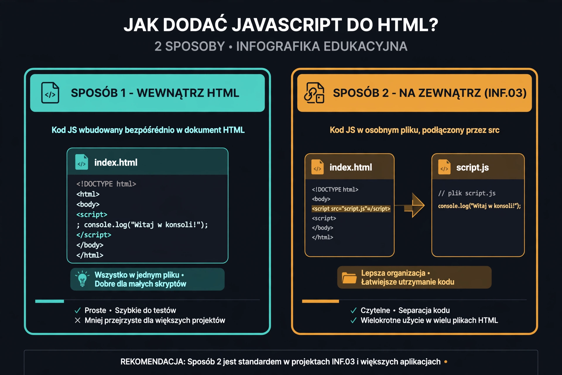 Schemat - jak dodać JS do HTML - 2 sposoby